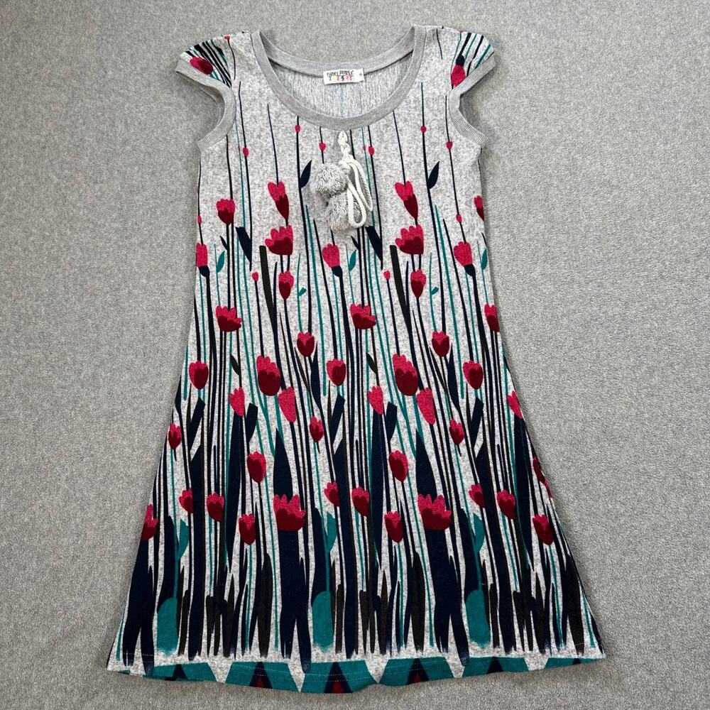 Funky People Tulip Print Sweater Mini Dress Womens Small Gray Cap Sleeve Tassel
